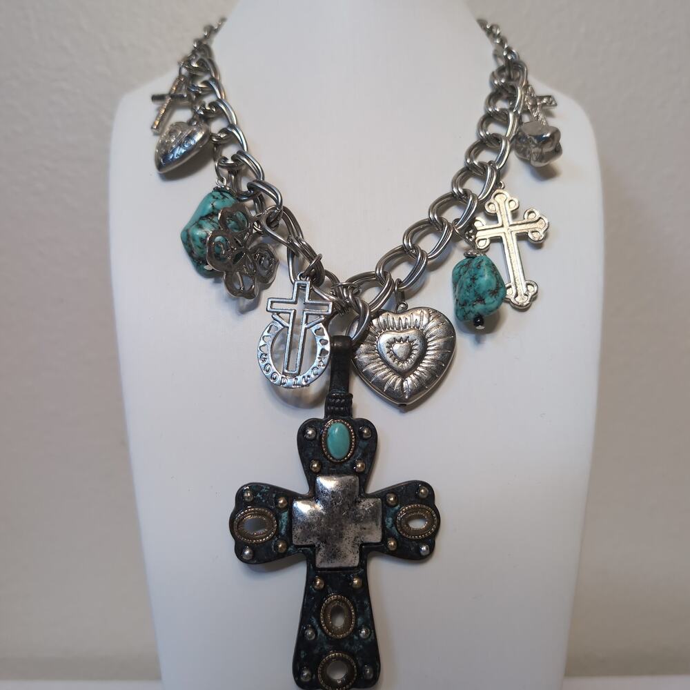 Chunky Silver-Tone Charm Cross Necklace Western